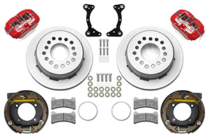 Wilwood Forged Dynapro Low-Profile Rear Parking Brake Kit Parts Laid Out - Red Powder Coat Caliper - Plain Face Rotor