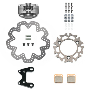 Wilwood GP200 Left Front Sprint Brake Kit Parts Laid Out - Type III Anodize Caliper - Drilled Rotor