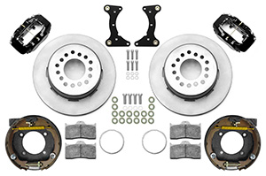 Wilwood Forged Dynalite Rear Parking Brake Kit Parts Laid Out - Black Powder Coat Caliper - Plain Face Rotor