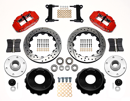 Wilwood Forged Narrow Superlite 6R Big Brake Front Brake Kit (6 x 5.50 Hub) Parts Laid Out - Red Powder Coat Caliper - SRP Drilled & Slotted Rotor