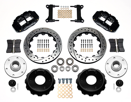 Wilwood Forged Narrow Superlite 6R Big Brake Front Brake Kit (6 x 5.50 Hub) Parts Laid Out - Black Powder Coat Caliper - SRP Drilled & Slotted Rotor