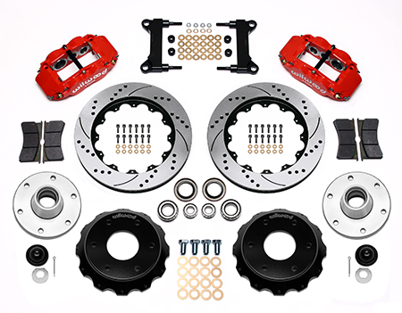 Wilwood Forged Narrow Superlite 6R Big Brake Front Brake Kit (6 x 5.50 Hub) Parts Laid Out - Red Powder Coat Caliper - SRP Drilled & Slotted Rotor