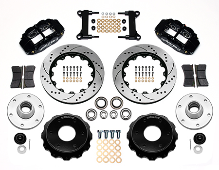 Wilwood Forged Narrow Superlite 6R Big Brake Front Brake Kit (6 x 5.50 Hub) Parts Laid Out - Black Powder Coat Caliper - SRP Drilled & Slotted Rotor