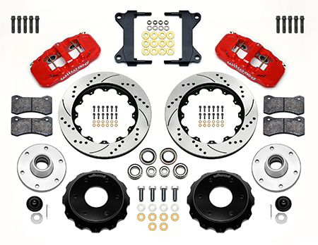 Wilwood AERO6 Big Brake Front Brake Kit (6 x 5.50 Hub) Parts Laid Out - Red Powder Coat Caliper - SRP Drilled & Slotted Rotor