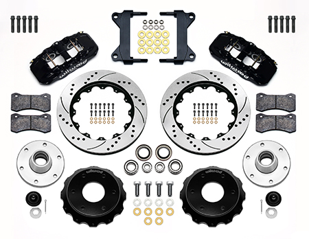 Wilwood AERO6 Big Brake Front Brake Kit (6 x 5.50 Hub) Parts Laid Out - Black Powder Coat Caliper - SRP Drilled & Slotted Rotor