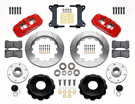 Wilwood AERO6 Big Brake Front Brake Kit (6 x 5.50 Hub) Parts Laid Out - Red Powder Coat Caliper - GT Slotted Rotor