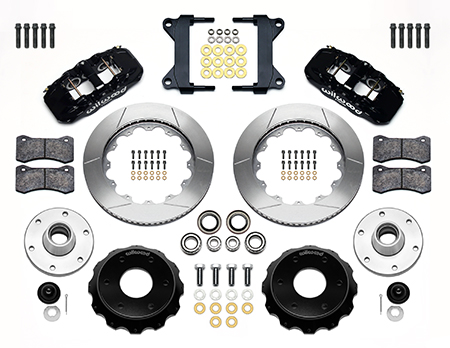 Wilwood AERO6 Big Brake Front Brake Kit (6 x 5.50 Hub) Parts Laid Out - Black Powder Coat Caliper - GT Slotted Rotor