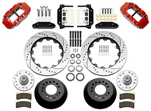 Wilwood Forged Narrow Superlite 6R Big Brake Front Brake Kit (Hub) Parts Laid Out - Red Powder Coat Caliper - SRP Drilled & Slotted Rotor