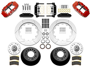 Wilwood Forged Narrow Superlite 6R Big Brake Front Brake Kit (Hub) Parts Laid Out - Red Powder Coat Caliper - GT Slotted Rotor