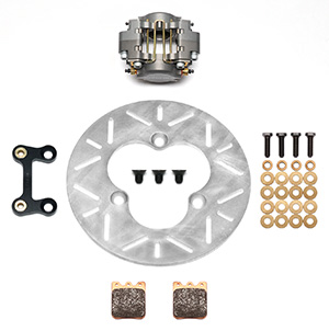 Wilwood Dynapro Single Left Front Sprint Brake Kit Parts Laid Out - Type III Anodize Caliper - Slotted Rotor