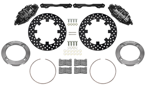 Wilwood UTV6 Front Brake Kit Parts Laid Out - Black Powder Coat Caliper - Drilled Rotor