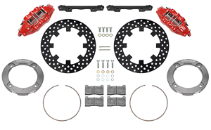 Wilwood UTV4 Rear Brake Kit Parts Laid Out - Red Powder Coat Caliper - Drilled Rotor