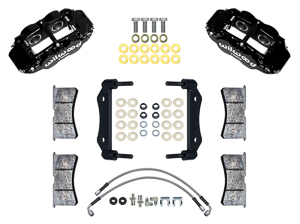 Wilwood Forged Narrow Superlite 4R Front Caliper and Bracket Kit Parts Laid Out - Black Powder Coat Caliper