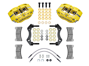 Wilwood Narrow Dynapro-P Radial Rear Caliper and Bracket Kit Parts Laid Out - Yellow Powder Coat Caliper