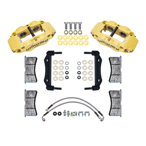 Wilwood Forged Narrow Superlite 4R Front Caliper and Bracket Kit Parts Laid Out - Yellow Powder Coat Caliper