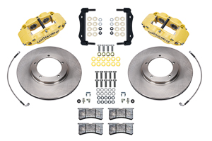 Wilwood Forged Narrow Superlite 4R Front Brake Kit Parts Laid Out - Yellow Powder Coat Caliper - Plain Face Rotor