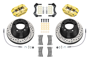 Wilwood Narrow Dynapro-P Radial Rear Brake Kit Parts Laid Out - Yellow Powder Coat Caliper - SRP Drilled & Slotted Rotor