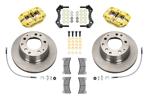 Wilwood Narrow Dynapro-P Radial Rear Brake Kit Parts Laid Out - Yellow Powder Coat Caliper - Plain Face Rotor