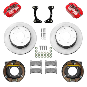 Wilwood Forged Dynapro Low-Profile Rear Parking Brake Kit (6 x 5.50 Rotor) Parts Laid Out - Red Powder Coat Caliper - Plain Face Rotor