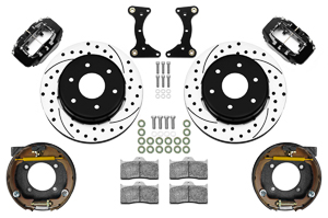 Wilwood Forged Dynalite Rear Parking Brake Kit (6 x 5.50 Rotor) Parts Laid Out - Black Powder Coat Caliper - SRP Drilled & Slotted Rotor