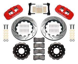 Wilwood AERO6 Big Brake Front Brake Kit Parts Laid Out - Red Powder Coat Caliper - SRP Drilled & Slotted Rotor