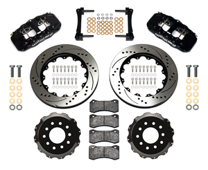 Wilwood AERO6 Big Brake Front Brake Kit Parts Laid Out - Black Powder Coat Caliper - SRP Drilled & Slotted Rotor