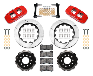 Wilwood AERO6 Big Brake Front Brake Kit Parts Laid Out - Red Powder Coat Caliper - GT Slotted Rotor