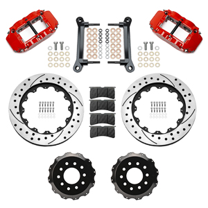Wilwood Forged Narrow Superlite 6R Big Brake Front Brake Kit (Hat) Parts Laid Out - Red Powder Coat Caliper - SRP Drilled & Slotted Rotor