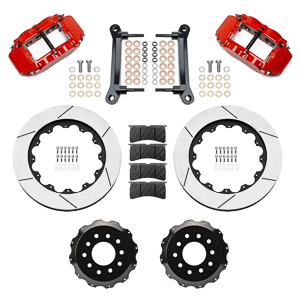 Wilwood Forged Narrow Superlite 6R Big Brake Front Brake Kit (Hat) Parts Laid Out - Red Powder Coat Caliper - GT Slotted Rotor