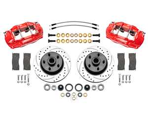 Wilwood Classic Series D11 Caliper Front Brake Kit Parts Laid Out - Red Powder Coat Caliper - SRP Drilled & Slotted Rotor