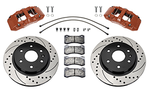 Wilwood AERO6-DM Direct-Mount Truck Front Brake Kit Parts Laid Out - Red Powder Coat Caliper - SRP Drilled & Slotted Rotor