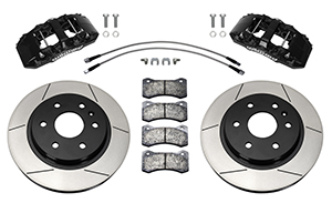 Wilwood AERO6-DM Direct-Mount Truck Front Brake Kit Parts Laid Out - Black Powder Coat Caliper - GT Slotted Rotor