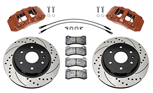 Wilwood AERO6-DM Direct-Mount Truck Front Brake Kit Parts Laid Out - Red Powder Coat Caliper - SRP Drilled & Slotted Rotor