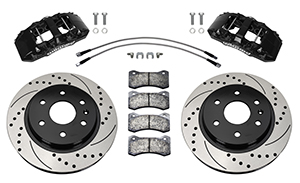 Wilwood AERO6-DM Direct-Mount Truck Front Brake Kit Parts Laid Out - Black Powder Coat Caliper - SRP Drilled & Slotted Rotor