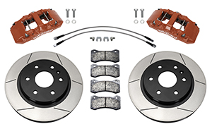 Wilwood AERO6-DM Direct-Mount Truck Front Brake Kit Parts Laid Out - Red Powder Coat Caliper - GT Slotted Rotor