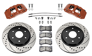 Wilwood AERO6-DM Direct-Mount Truck Front Brake Kit Parts Laid Out - Red Powder Coat Caliper - SRP Drilled & Slotted Rotor