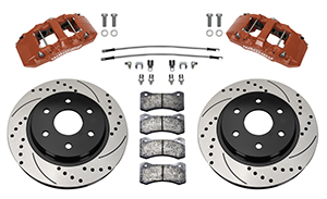 Wilwood AERO6-DM Direct-Mount Truck Front Brake Kit Parts Laid Out - Red Powder Coat Caliper - SRP Drilled & Slotted Rotor