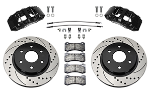 Wilwood AERO6-DM Direct-Mount Truck Front Brake Kit Parts Laid Out - Black Powder Coat Caliper - SRP Drilled & Slotted Rotor