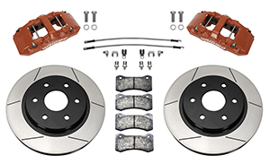 Wilwood AERO6-DM Direct-Mount Truck Front Brake Kit Parts Laid Out - Red Powder Coat Caliper - GT Slotted Rotor