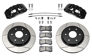 Wilwood AERO6-DM Direct-Mount Truck Front Brake Kit Parts Laid Out - Black Powder Coat Caliper - GT Slotted Rotor