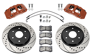 Wilwood AERO6-DM Direct-Mount Truck Front Brake Kit Parts Laid Out - Red Powder Coat Caliper - SRP Drilled & Slotted Rotor