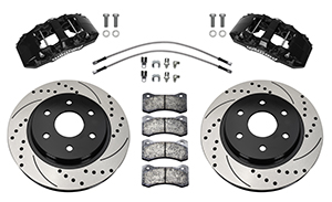 Wilwood AERO6-DM Direct-Mount Truck Front Brake Kit Parts Laid Out - Black Powder Coat Caliper - SRP Drilled & Slotted Rotor