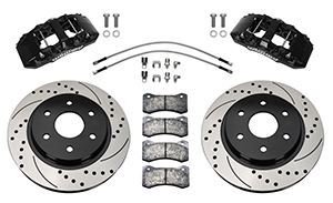 Wilwood AERO6-DM Direct-Mount Truck Front Brake Kit Parts Laid Out - Black Powder Coat Caliper - SRP Drilled & Slotted Rotor