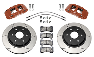 Wilwood AERO6-DM Direct-Mount Truck Front Brake Kit Parts Laid Out - Red Powder Coat Caliper - GT Slotted Rotor