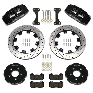 Wilwood Forged Dynapro 6 Big Brake Front Brake Kit (Hat) Parts Laid Out - Black Powder Coat Caliper - SRP Drilled & Slotted Rotor