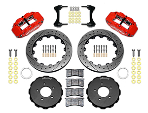 Wilwood Forged Narrow Superlite 6R Big Brake Front Brake Kit (Hat) Parts Laid Out - Red Powder Coat Caliper - SRP Drilled & Slotted Rotor