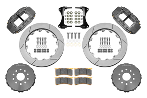 Wilwood Forged Narrow Superlite 6R Big Brake Front Brake Kit (Race) Parts Laid Out - Type III Anodize Caliper - GT Slotted Rotor