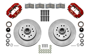 Wilwood Classic Series Dynalite Front Brake Kit Parts Laid Out - Red Powder Coat Caliper - Plain Face Rotor