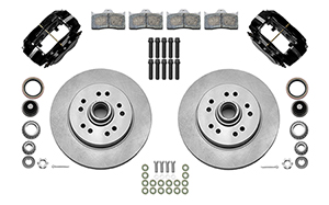 Wilwood Classic Series Dynalite Front Brake Kit Parts Laid Out - Black Powder Coat Caliper - Plain Face Rotor