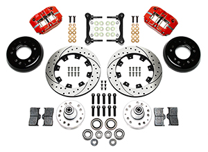 Wilwood Dynapro Radial Big Brake Front Brake Kit (Hub) Parts Laid Out - Red Powder Coat Caliper - SRP Drilled & Slotted Rotor